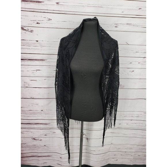 INC International Concepts Black Lace Fringe Floral Evening Shawl Wrap - Picture 4 of 8